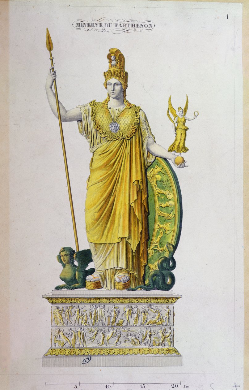 Athena Parthenos, statue fra Parthenon, Athen (farvegravering) af French School