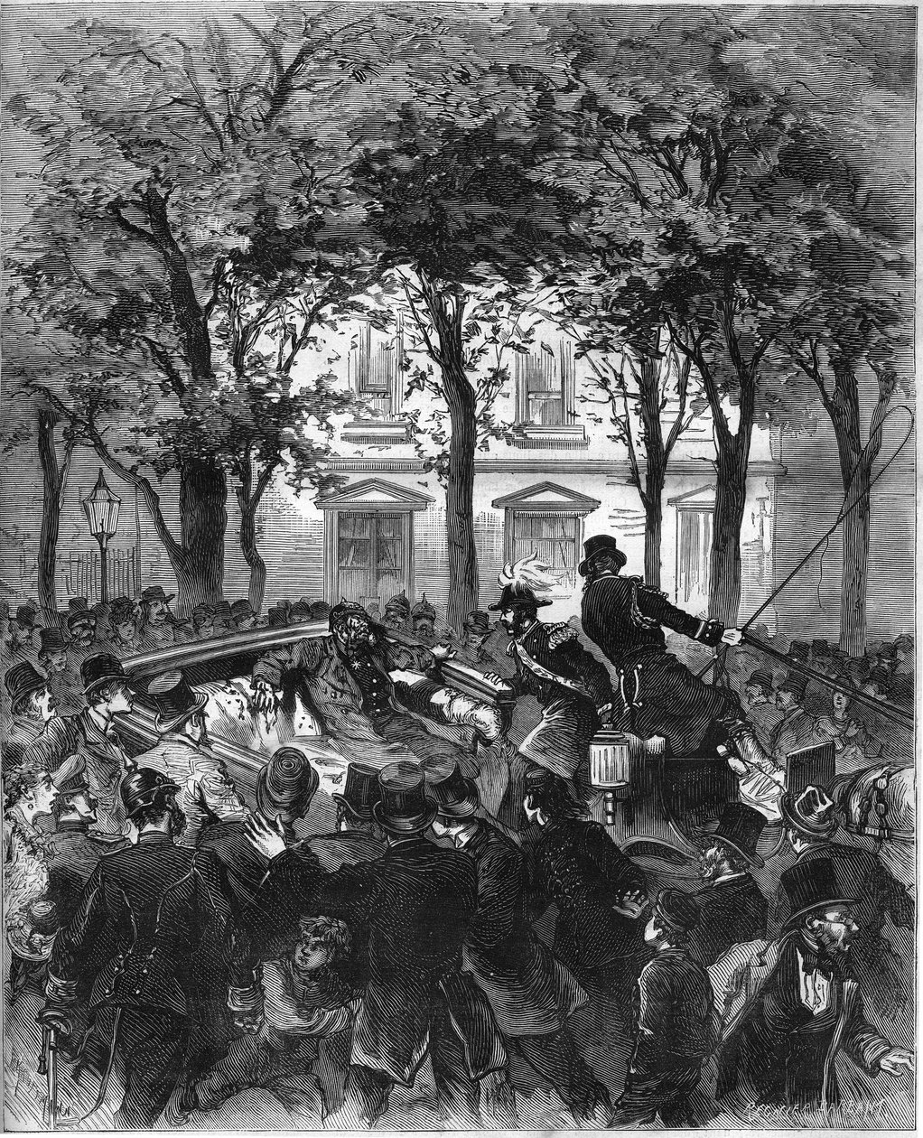 Angreb mod den tyske kejser Vilhelm II (1797-1888), Berlin, 2. juni 1878: kejseren blev såret af et skud affyret af den tyske anachist Karl Nobiling. Indgravering i "" Le Monde Illustré"" n¡1106 af 8. juni 1878. af French School