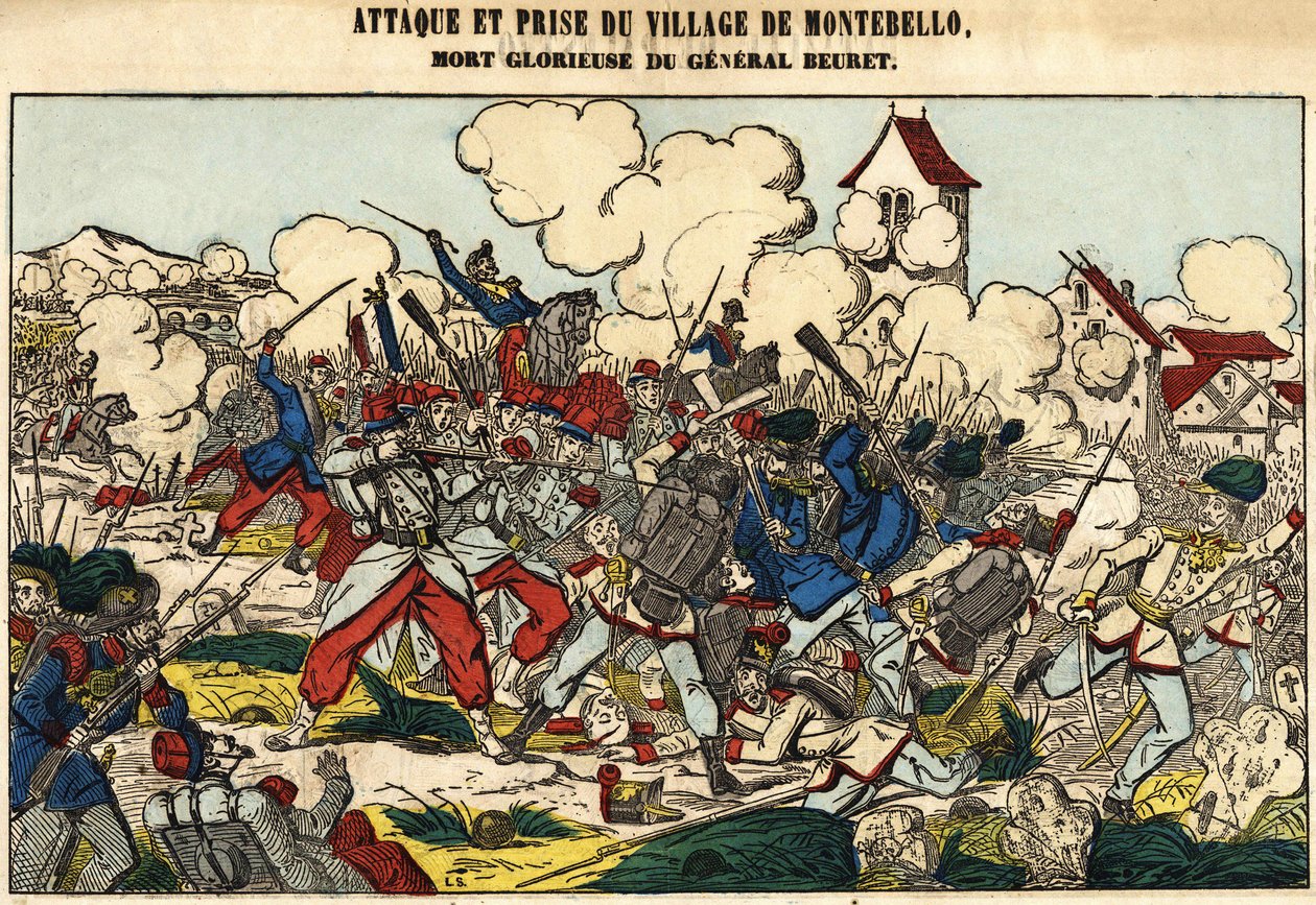 Angreb og erobring af landsbyen Montebello, general Beurets glorværdige død i 1859. Billede af Epinal af French School