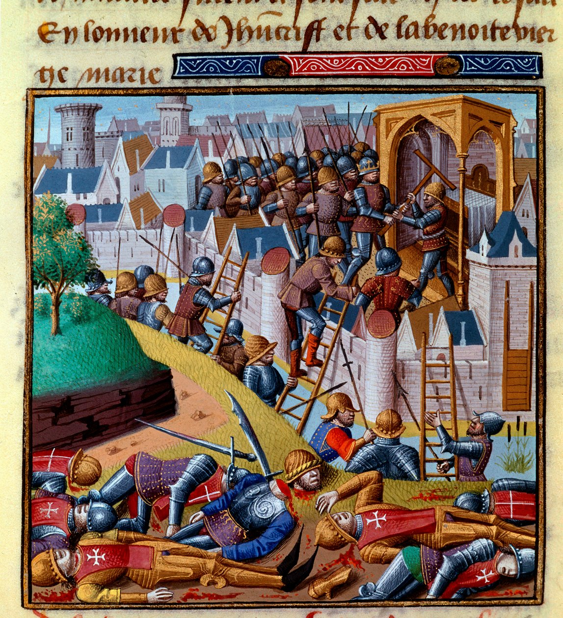 Angreb på en befæstet by Miniature i "Le miroir historial" (Speculum Historiale) af Vincent de Beauvais (1190-1264) oversat til fransk af Jean de Vignay af French School