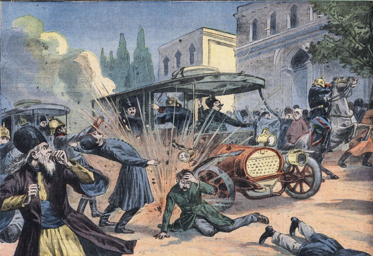 Angreb på Shahen af Persien Mohammad Ali Shah Qajar (1872-1925). Gravering fra avisen "Le Petit Parisien"" af French School