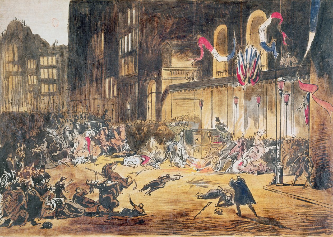 Forsøg på livet af Napoleon III og hans kone Eugenie af Felice Orsini og tre medskyldige den 4. januar 1858 i Paris (farvestik) af French School