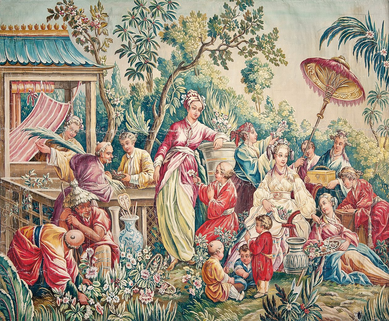 Aubusson tegneserie til et vægophæng af figurer i en orientalsk have af French School