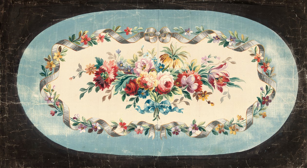 Aubusson design for a sofa back or seat back of sprays of mixed flowers with ribbon and floral borders dani af French School