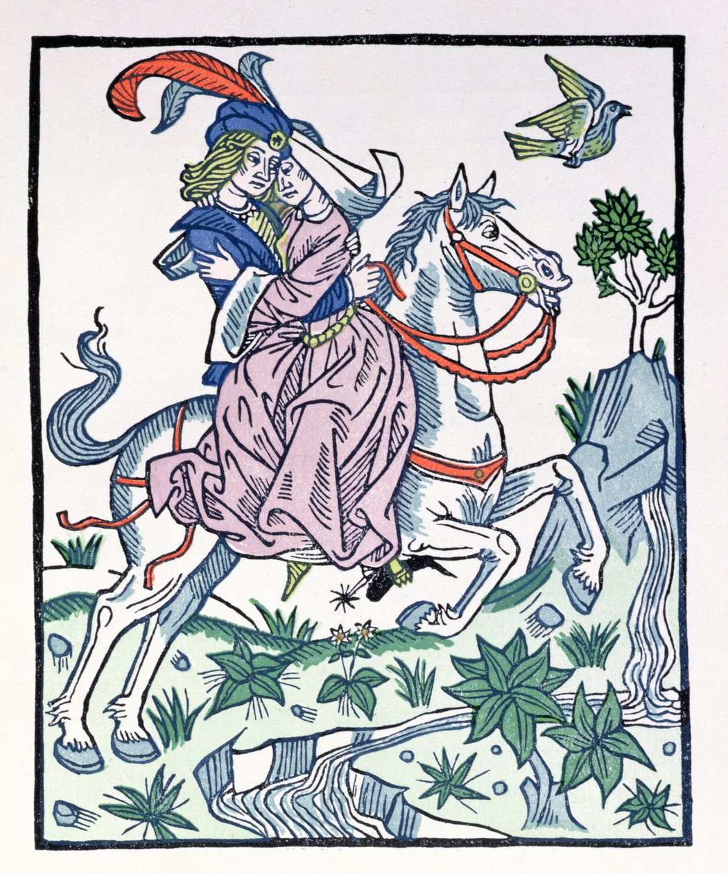 Aucassin og Nicolette på en hest, fra det tidlige 13. århundredes chantifable Aucassin et Nicolette af French School