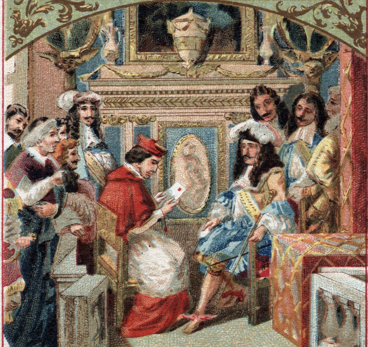 Audiens givet til Legat i kongens værelse (Louis XIV?) på slottet i Versailles. Kromolitografi i slutningen af det 19. århundrede af French School