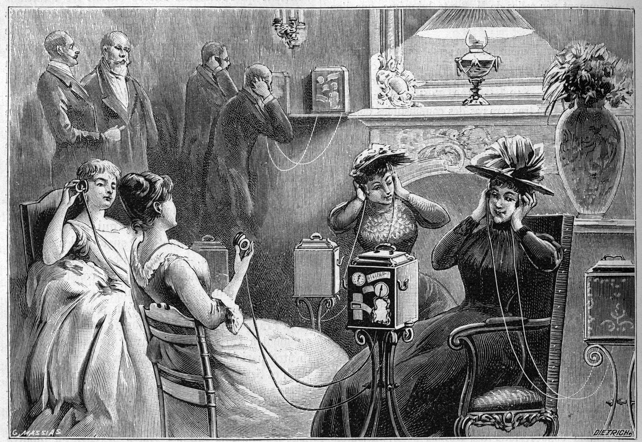Audition af theatrofonen (teaterauditions derhjemme) i loungen på et storslået hotel i Paris i 1892. af French School
