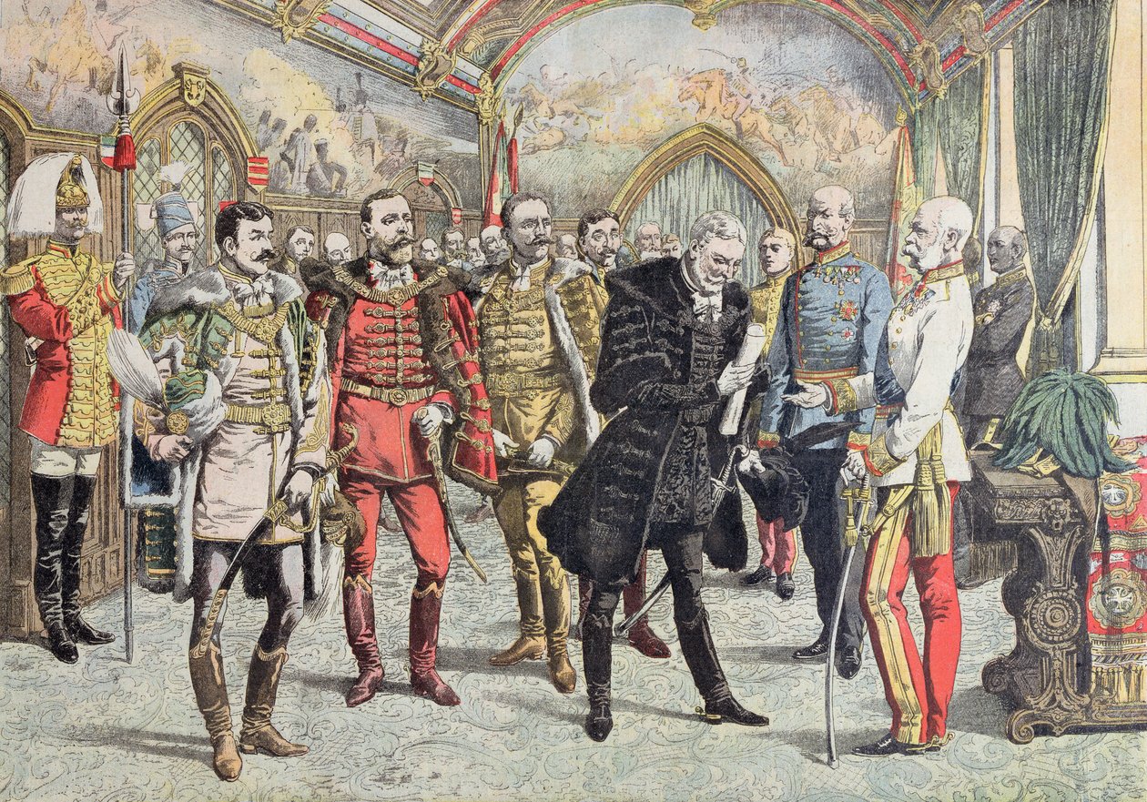 Østrig-Ungarsk krise - modtagelse af ungarske stormænd af kejser Franz Josef, illustration fra Le Petit Journal, 15. oktober, 1905 af French School