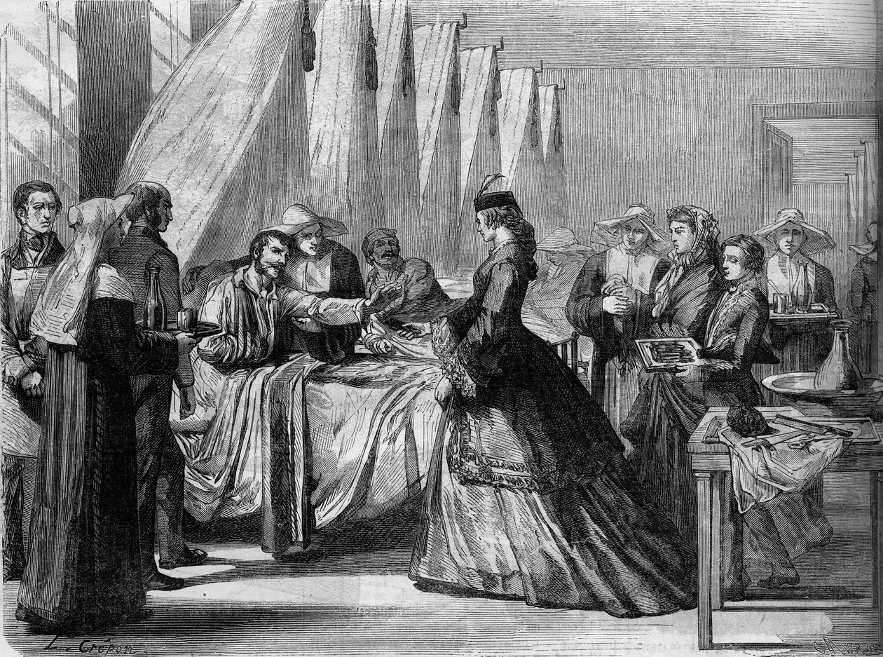 Østrig-preussiske krig (1866): Kejserinde Elisabeth af Østrig (Sissi) (1837-1898) besøger sårede soldater i Wien. Indgravering i "" Le Monde Illustré"" nr. 486 af 4. august af French School