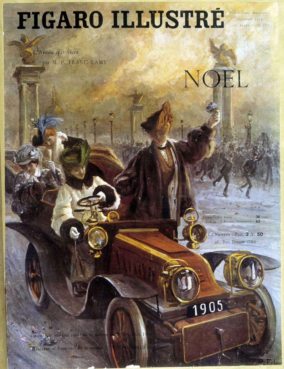 Automobil Dion-Bouton 1905 og frakker og pelse Grunwaldt - i "" Le Figaro Illustré", dec 1904 af French School