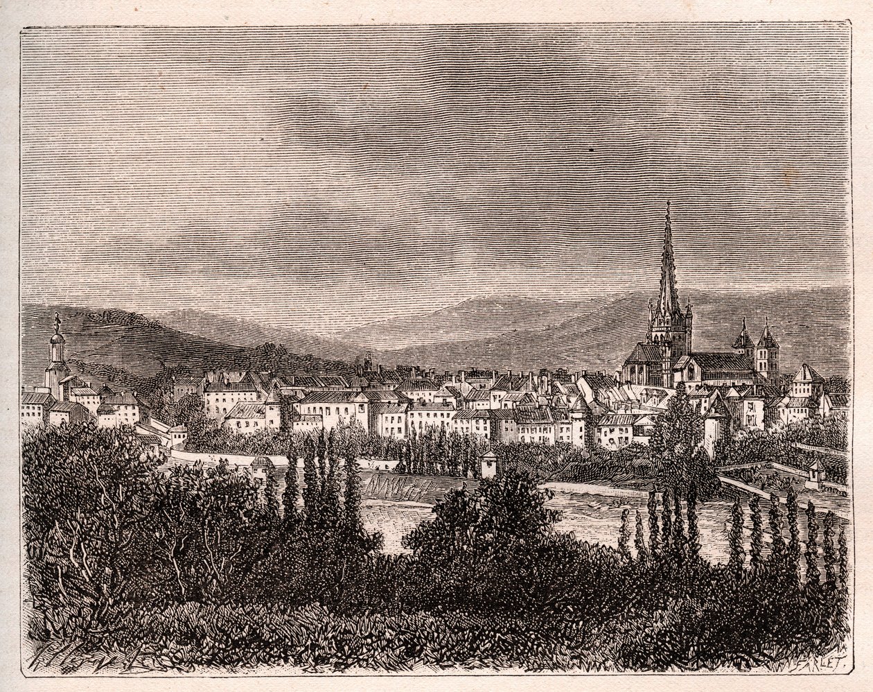 Autun - departement Saone-et-Loire - gravering i "La France illustrée: geografi, historie, statistisk administration" af V.A. Malt-Brown. 1884 af French School