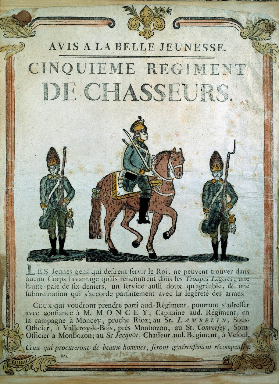 Avis à la Belle Jeunesse, rekrutteringsplakat for 5. jægerregiment 1700-tallet. Paris, Musee de l
