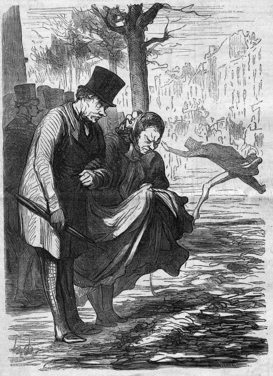 Forfærdelig asfalt!. Tegnefilm af Honore Daumier (1808-1879). Indgravering i "" The Illustrated World"" nr. 277 af 2. august af French School