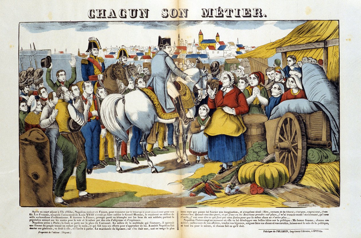 Tilbage fra øen Elba blev Napoleon mødt med begejstring af franskmændene. Billede af Epinal af French School