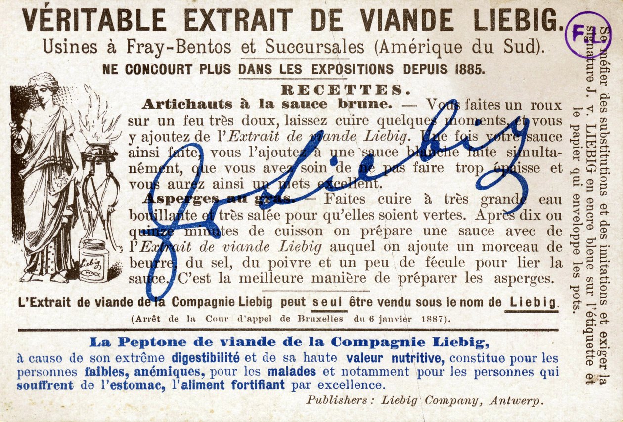 Bagsiden af Liebig-kort) med opskriften på artiskokker med brun sovs. Reklamekromolitografi af French School