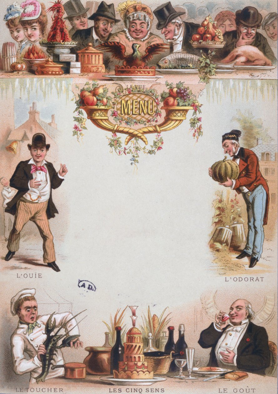 Baggrundstryk for en menu, der afbilder de fem sanser, slutningen af det 19. århundrede (farve litho) af French School