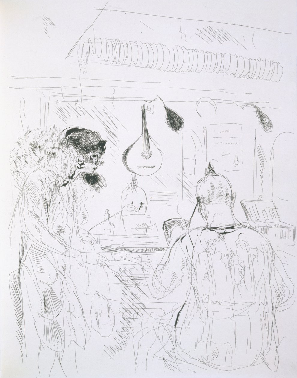 Scene bag scenen ved et Paris Bal de Nuit eller cirkus, fra Paris Sketches: Etchings by Forain and Raffaelli, 1880 af French School