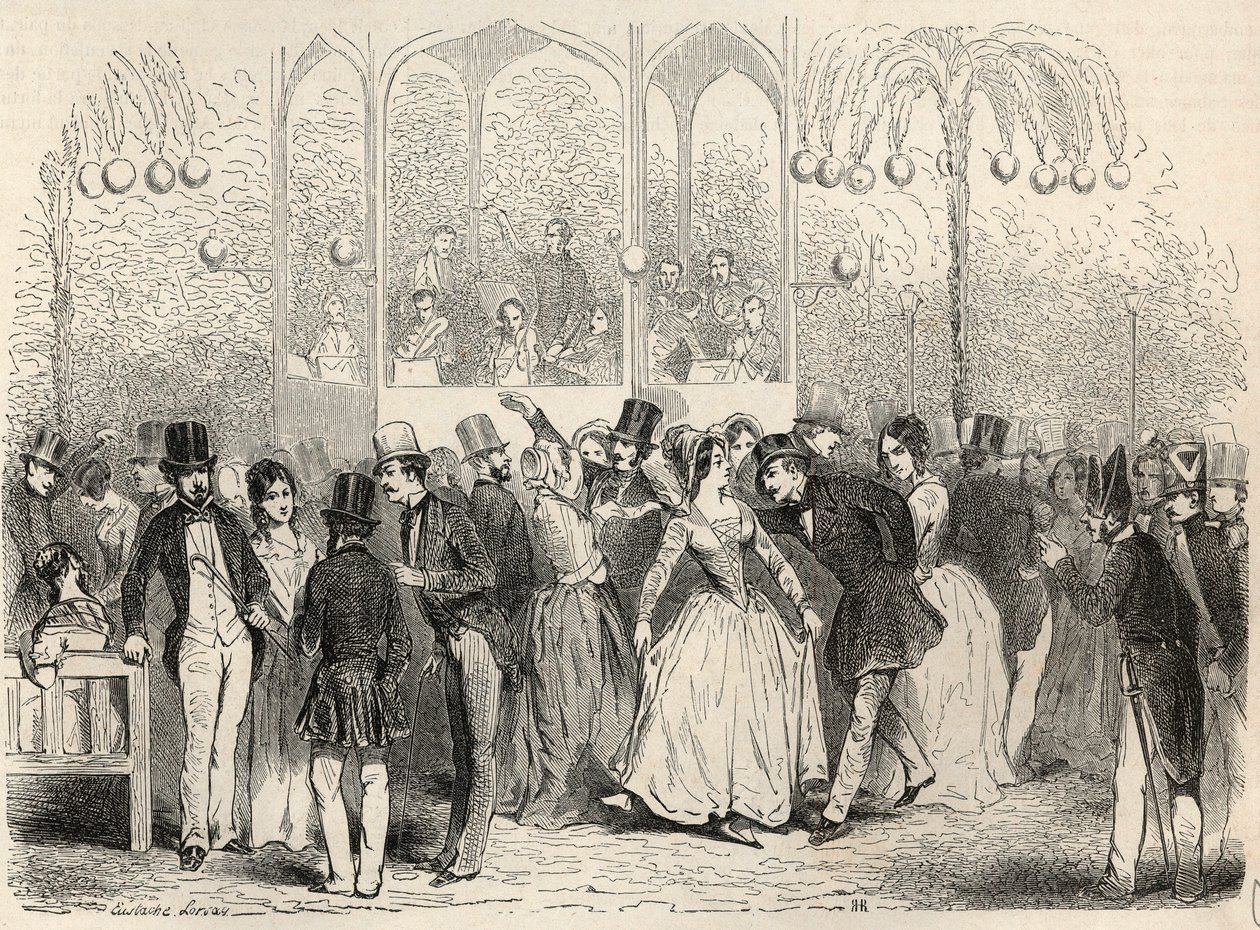 Bal Mabille (dans- og fornøjelsesanstalt, avenue Montaigne, Paris) Indgravering i "Tableau-de-Paris" af Edmond Texier 1852 af French School