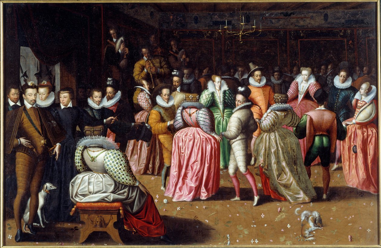 Bal ved hoffet af kong Henrik III og dronning Catherine de Medicis (Caterina de Medici) kendt som hertugen af Alencons bal. Hertugerne er repræsenteret til venstre, inklusive dronning Margot (Margarita af Navarra eller Valois (1553-1615). Maleri af F af French School