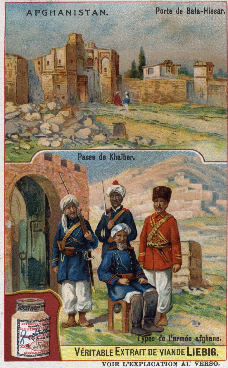 Bala-Hissar Gate i Afghanistan og soldater fra den afghanske hær ved Khaiber-overgangen. Reklamekromolitografi fra det 19. århundrede. af French School