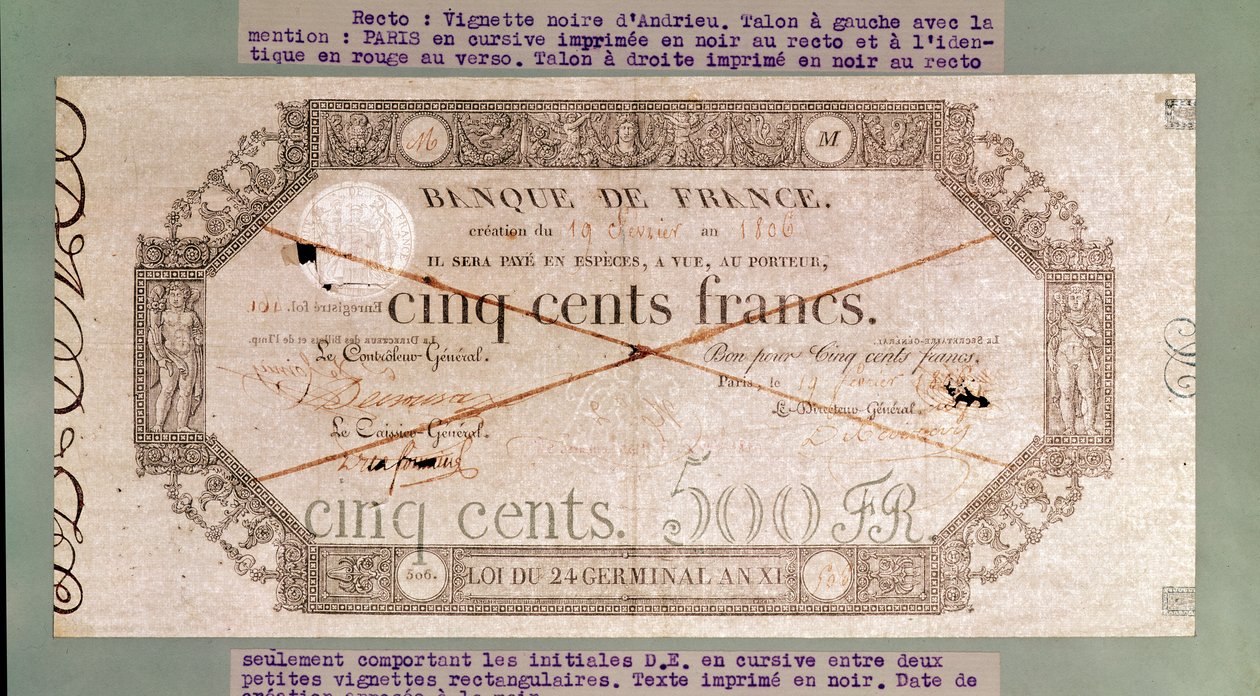 Seddel på 500 francs fra Årets 24. Germinal XI, 1806 (blæk på papir) af French School