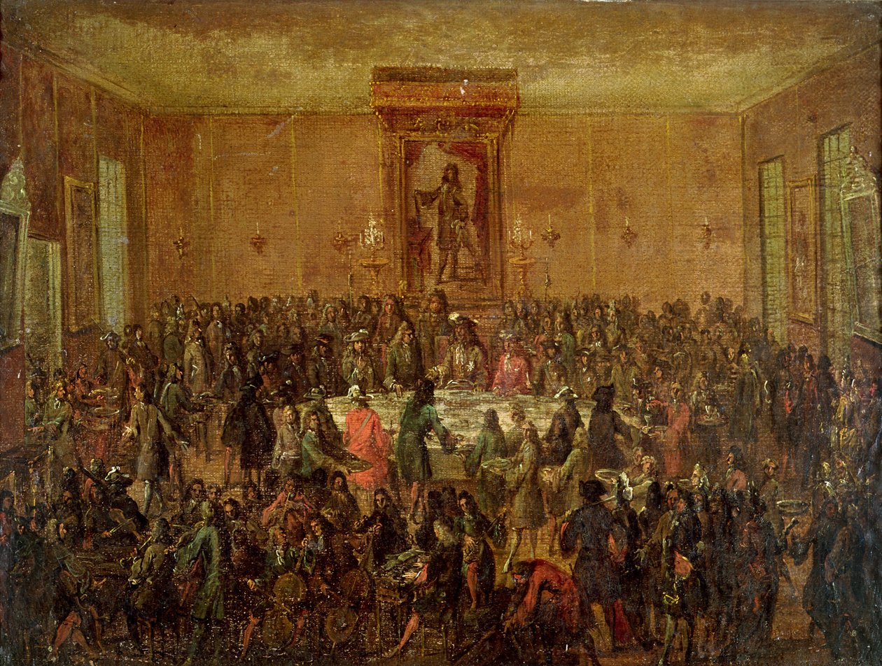 Banket givet til ære for Ludvig XIV (1638-1715) af Corps Municipal på Hotel-de-Ville, ca. 1680 af French School