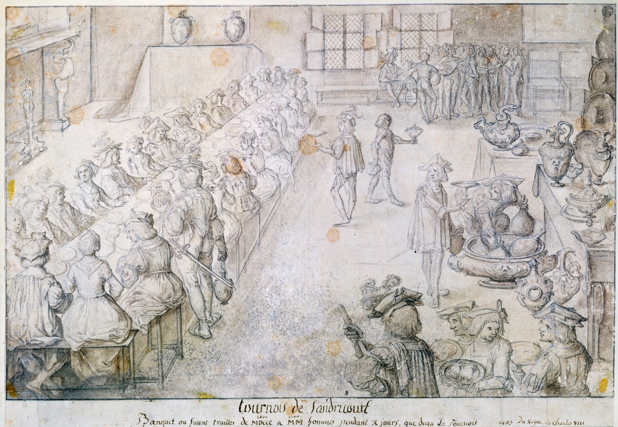 Banket ved Sandricourt-turneringen i 1493 (brunt blæk og blyant på papir) af French School