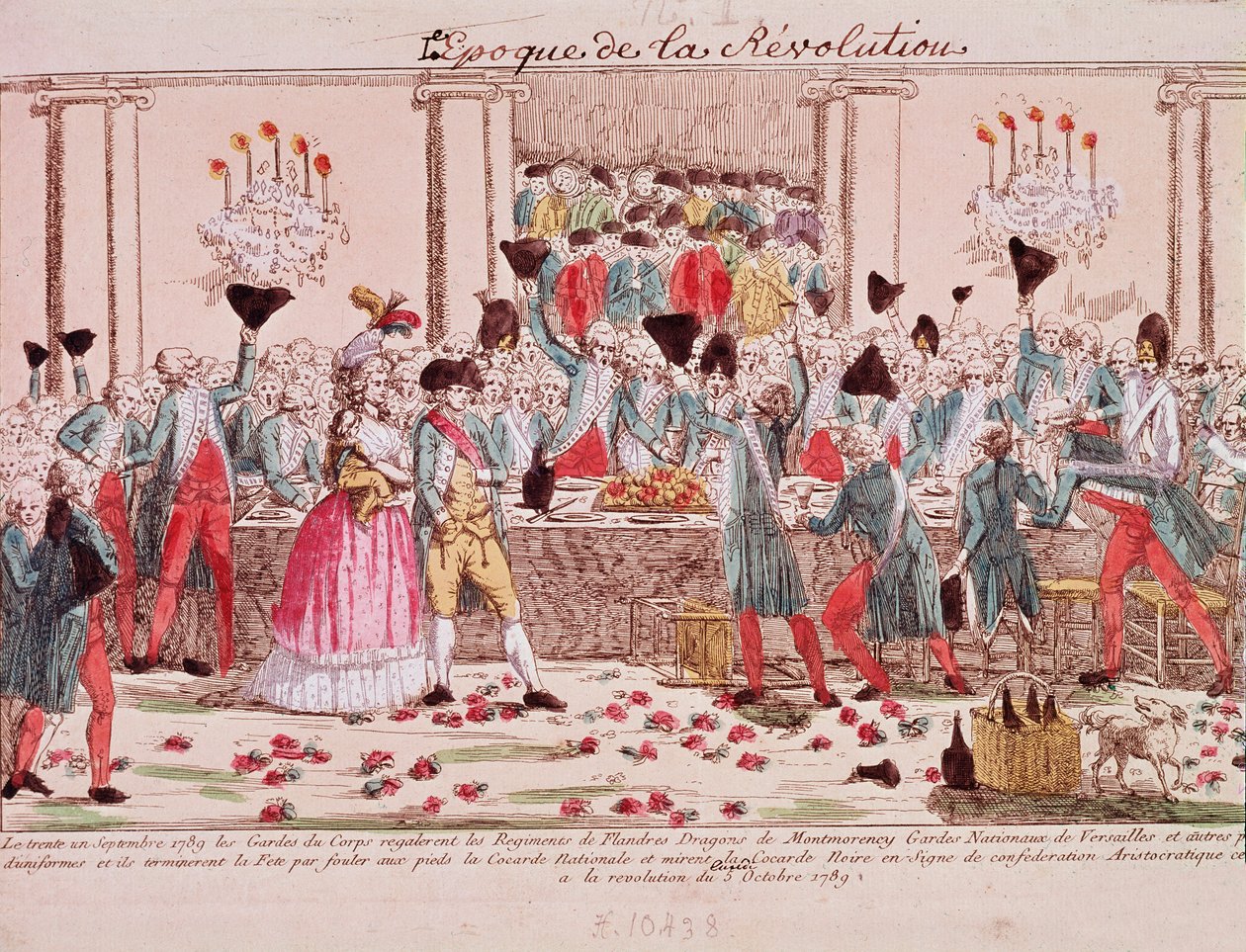 Banket holdt den 1. oktober 1789 af kongens livvagter for at byde velkommen til ankomsten af Flandern Regiment (gravering) af French School