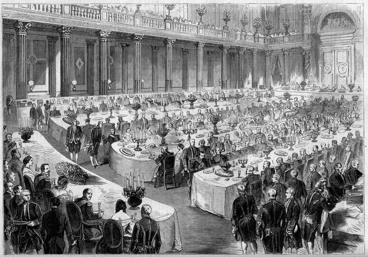 Banket arrangeret den 14. august 1859 af Napoleon III i Denon-pavillonens statssal i Louvre (Paris) til ære for den italienske hærs soldater efter deres sejr ved Risorgimento i 1859. Indgravering i "" Le Monde Illustré"" nr. 124 af 27 af French School