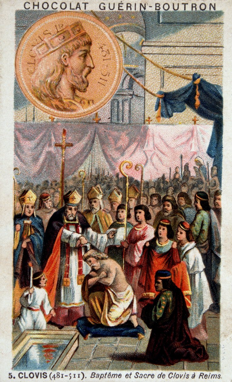 Dåb og helligdom af Clovis i katedralen i Reims, 25. december 496, af Saint Remi, eveque af Reims. af French School