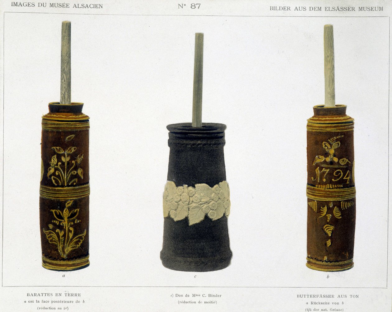 Barattes (til fremstilling af smør) i bearbejdet jord, konserveret på Alsace Museum, v.1800 af French School