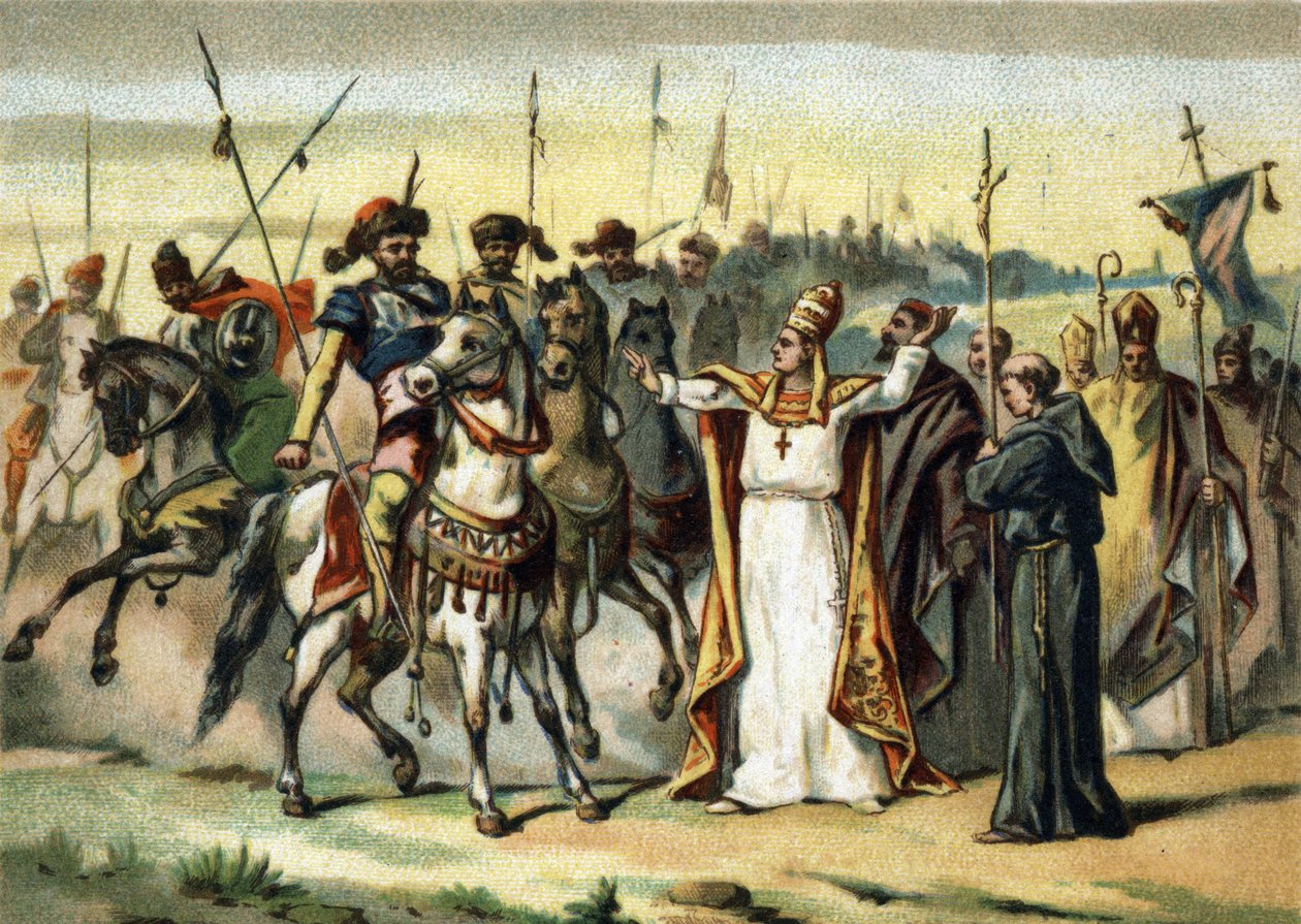 Barbariske invasioner - Attila og Saint Leon I den Store (440-461): barbaren Attila, leder af hunnerne, møder pave Saint Leon den Store, som formåede at overbevise ham om at skåne Italien. Kromolitografi i slutningen af det 19. århundrede af French School
