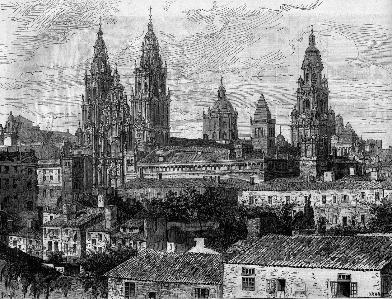 Barokkunst: udsigt over katedralen i Santiago de Compostela (Santiago de Compostela). Spanien. Indgravering i "" Le Monde Illustré"" nr. 1220 af 14. august 1880. af French School