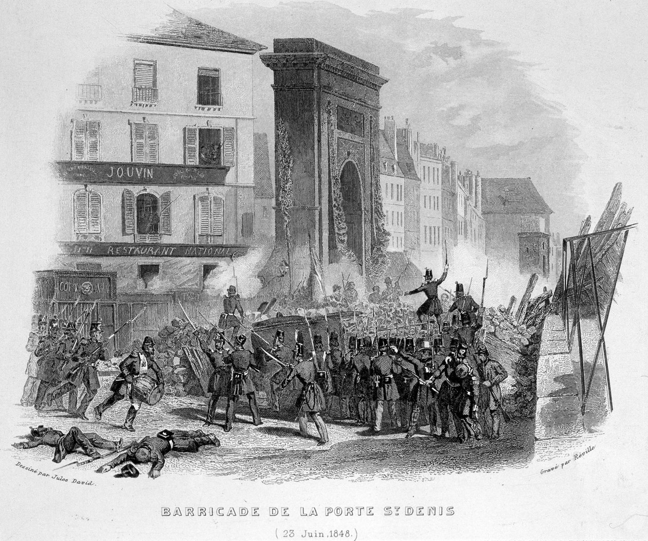 Barrikaden af ​​Porte Saint Denis (23. juni 1848) - i "Fasttes de Gardes Nationales de France"" af French School