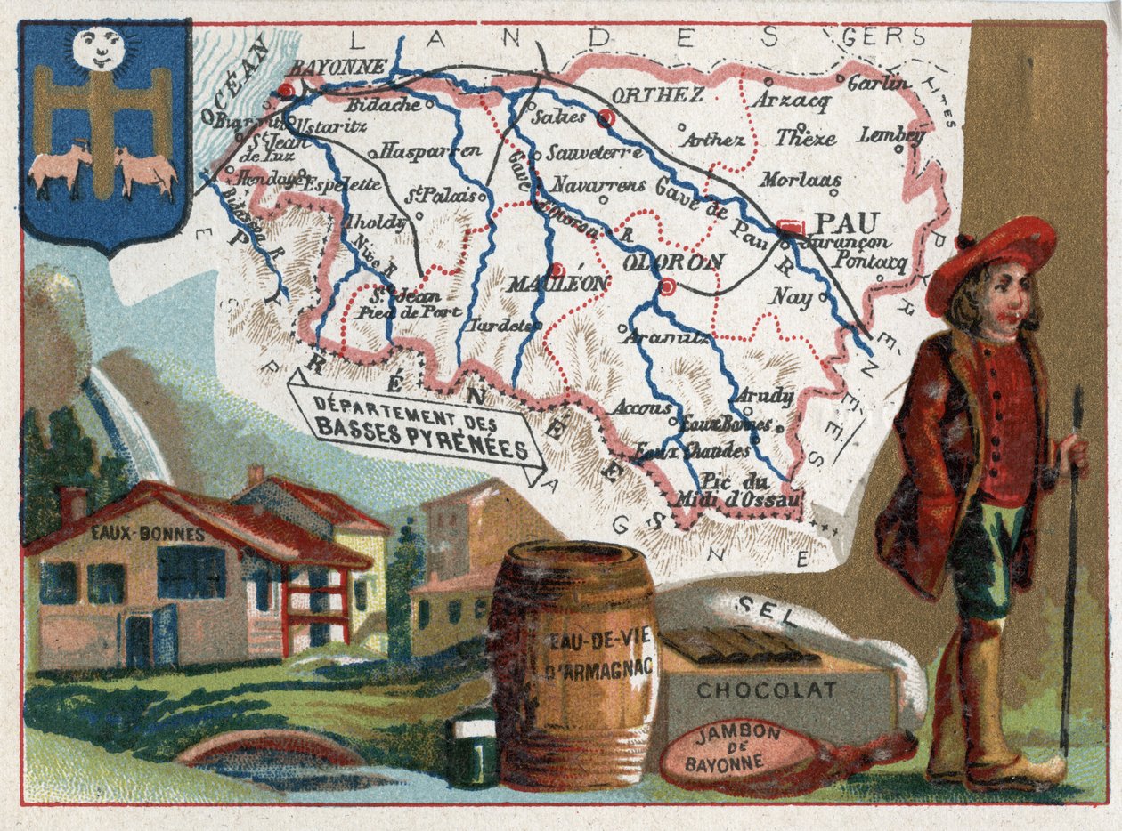 Baser Pyrenæerne, nu Pyrenees-Atlantiques (Pyrenees Atlantiques, 64), Aquitaine, Frankrig. De termiske bade i eau-bonnes (vand godt), Armagnac brandy, chokolade, salt og bayonne skinke. Serie om de franske departementer. Chromolithography (Chromo)" af French School