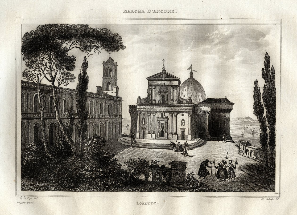 Basilica della Santa Casa - Loreto - Sanctuary of Lorette - Loreto - Basilica of Our Lady of Loreto - Holy House of Loreto eller House of Nazareth - Gravering fra "" Picturesque Italy"" - Historisk og beskrivende maleri af Italien"" af M. de Norvins, Ch. N af French School