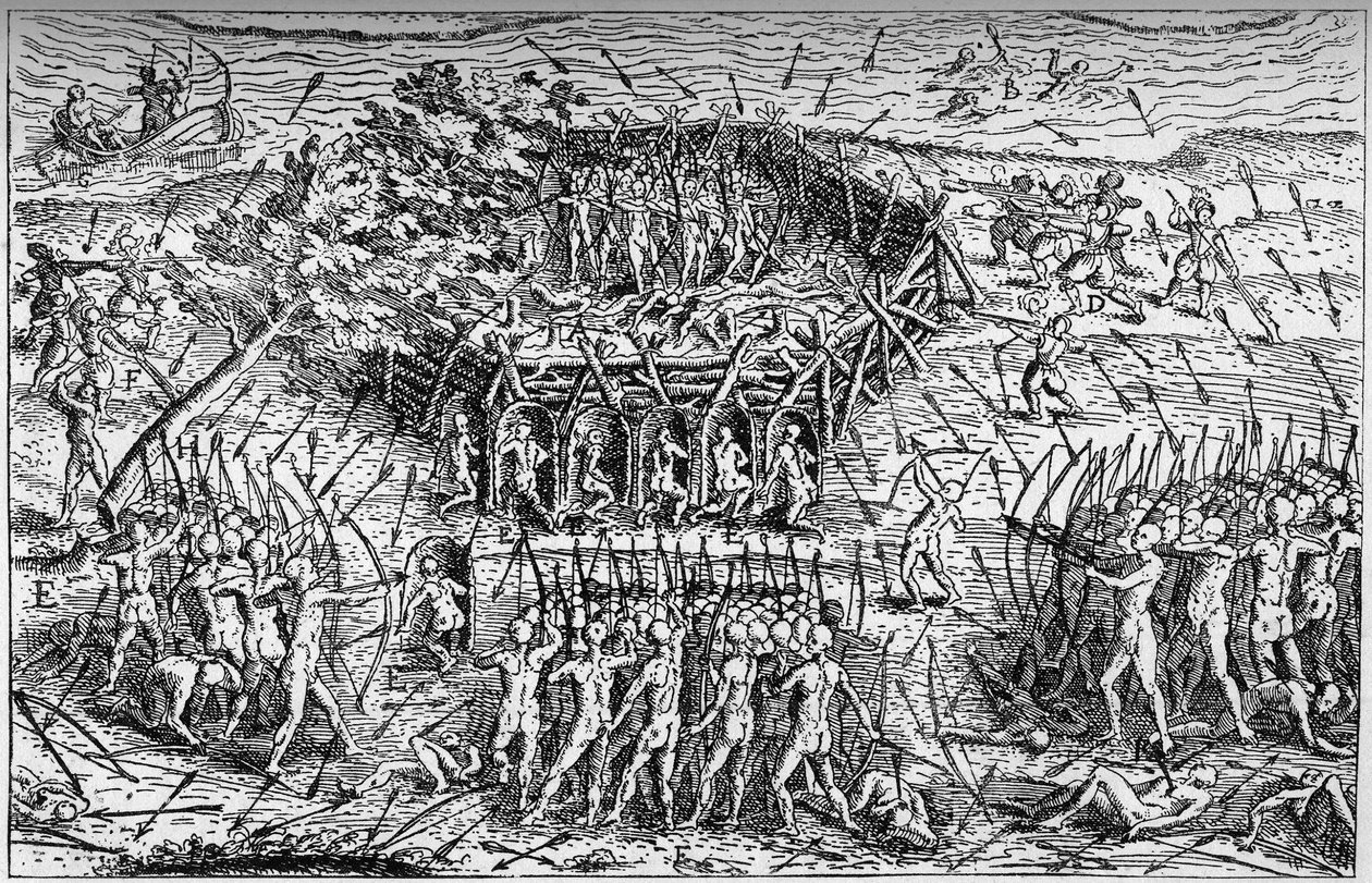 Kamp mellem den franske hær af Samuel de Champlain (ca. 1567-1635) og Iroquois. Canada, begyndelsen af det 17. århundrede. Gravering i "La Marine et les kolonier: handel" af French School