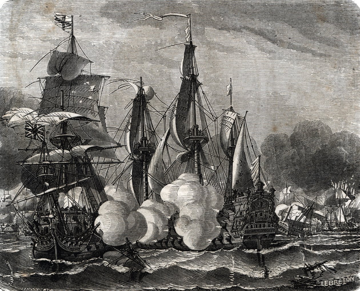 ”Battle of Bantry Bay Naval Engagement kæmpede den 11. maj 1689, en uge før erklæringen om de ni års krig (Battle of Bantry Bay Naval Engagement kæmpede den 11. maj 1689, en uge før erklæringen om den ni års krig) gravering Fra Lahure “Po af French School