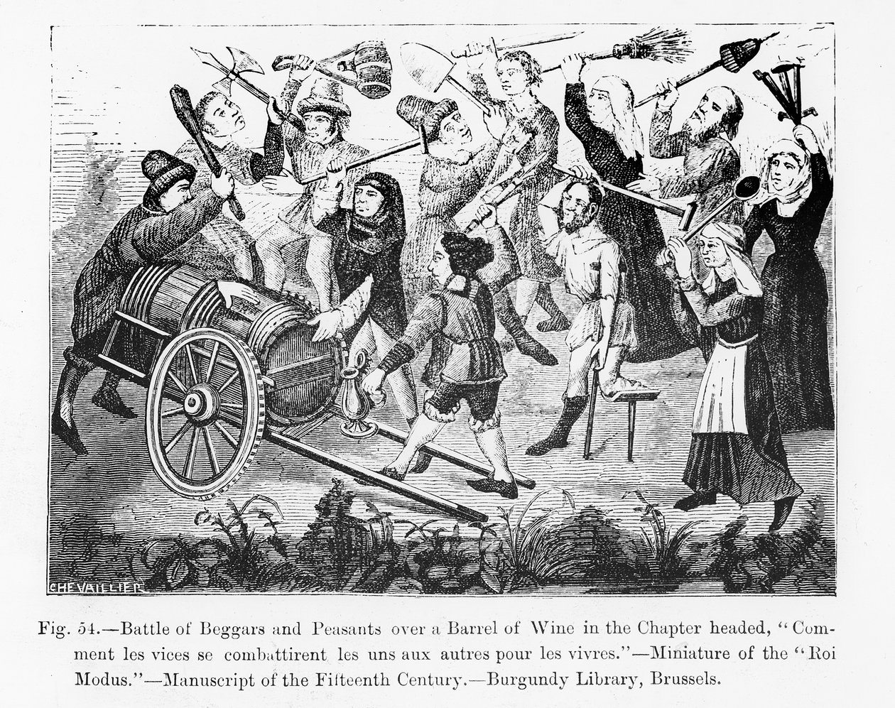 Slaget mellem tiggere og bønder over en tønde vin, fra Kong Modus Bog, illustration fra Videnskab og Litteratur i middelalderen og renæssancen, skrevet og indgraveret af Paul Lacroix af French School
