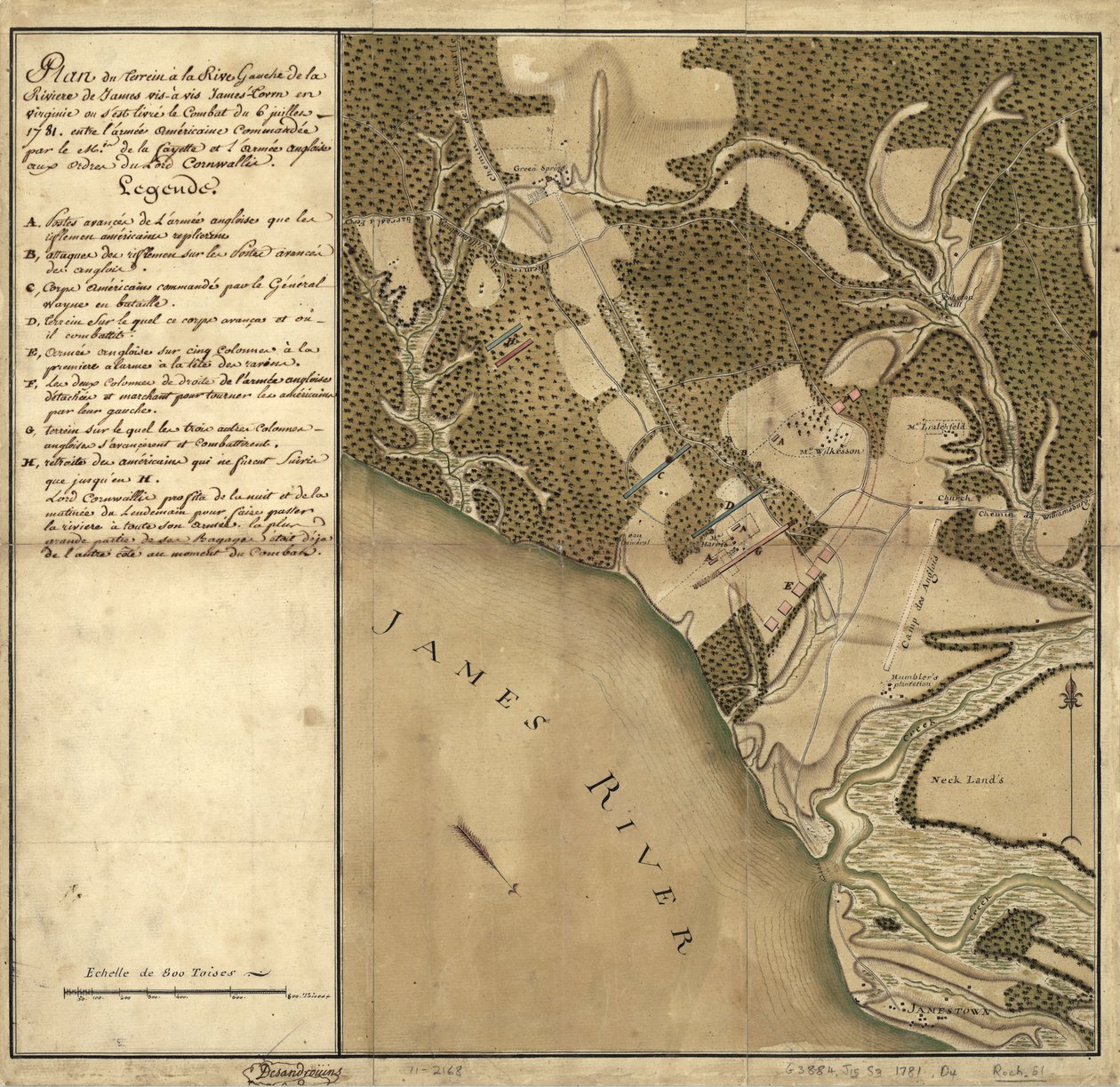 Battle of Green Spring, kort over landet på venstre bred af James River overfor Jamestown i Virginia, hvor slaget den 6. juli af French School