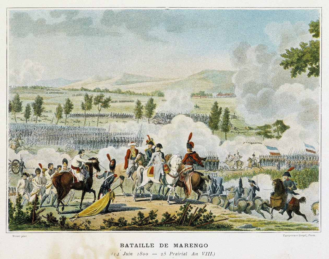 Slaget ved Marengo (Piemont - Italien) den 14. juni 1800, hvor Bonaparte vandt sejren over østrigerne. af French School