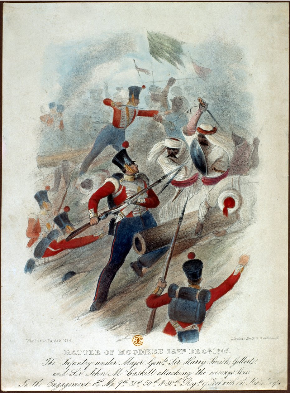 Battle of Moodkee, 18. december 1845, nr. 4 fra War in the Punjab, indgraveret af W. Kohler efter Lenfant Bros., udgivet af William Spooner, ca. 1845 af French School