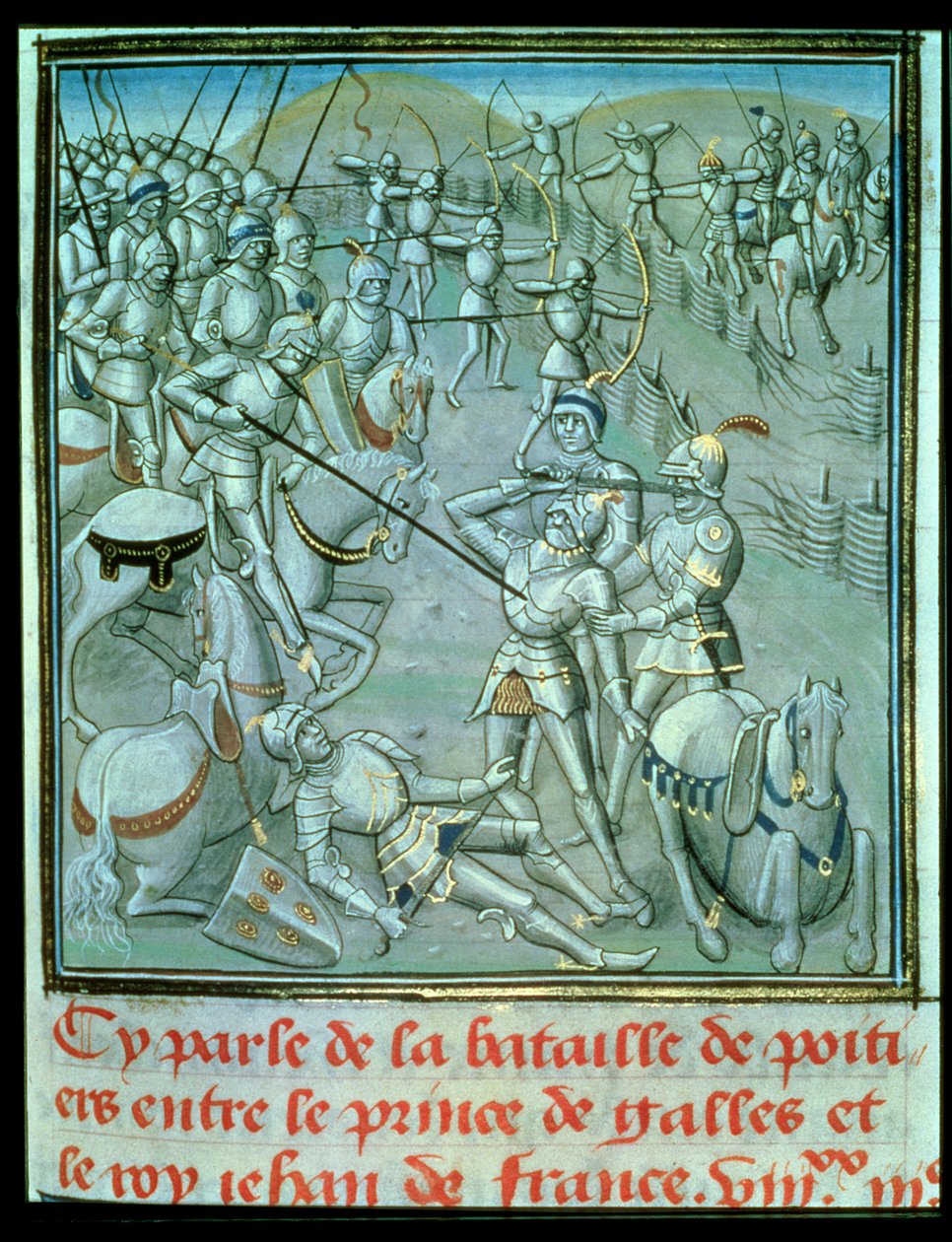 Slaget ved Poitiers, der forestiller prinsen af Wales og kong Jean af Frankrig af French School