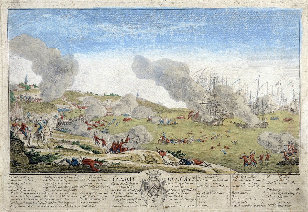 Slaget ved Saint Cast, hvor de franske tropper i Bretagne slog englænderne i 1758. Illustration bevaret på Museum of Dinan. af French School