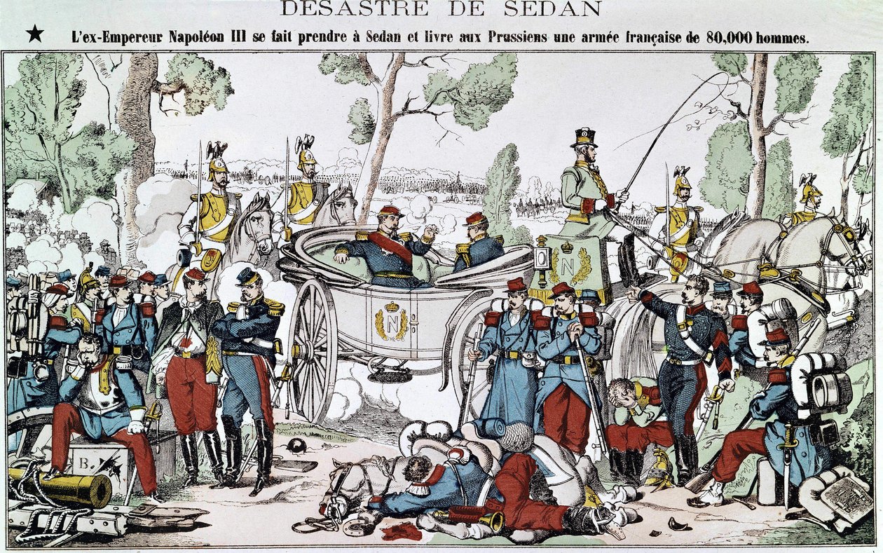 Slaget ved Sedan i 1870. Den tidligere kejser Napoleon III bliver fanget i Sedan og leverer til preusserne en fransk hær på 80.000 mand, billede af en rygmarv. af French School