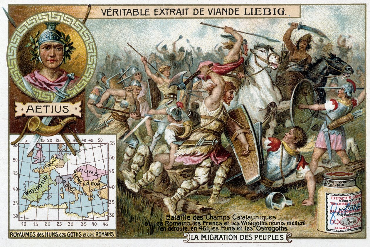 Slaget om Catalaunique-markerne, hvor romerne, frankerne og vestgoterne samledes, besejrede hunerne og østgoterne i 451. Portræt af den romerske general Aetius - Liébig reklamevignet af French School