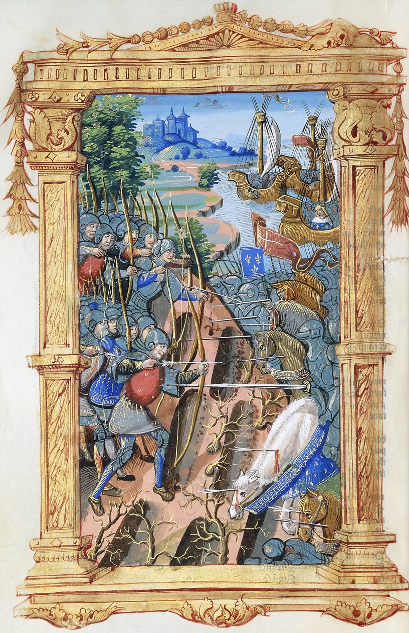 Kampscene mellem bueskytter og kavaleri, med slot og skibe, ca. 1495-1500 af French School