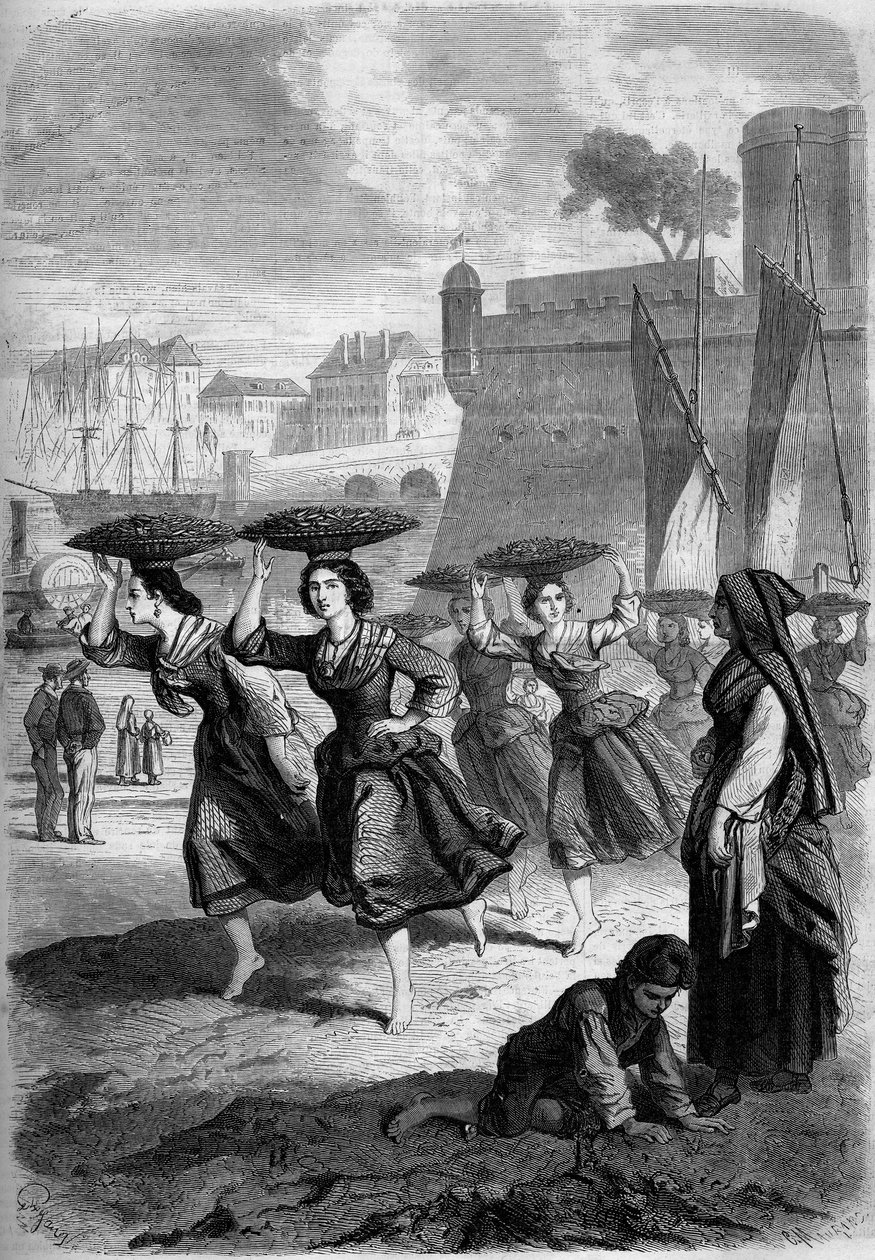 Bayonne sardinhandlere på vej til Biarritz, Pyrenæerne Atlantiques (64) af French School