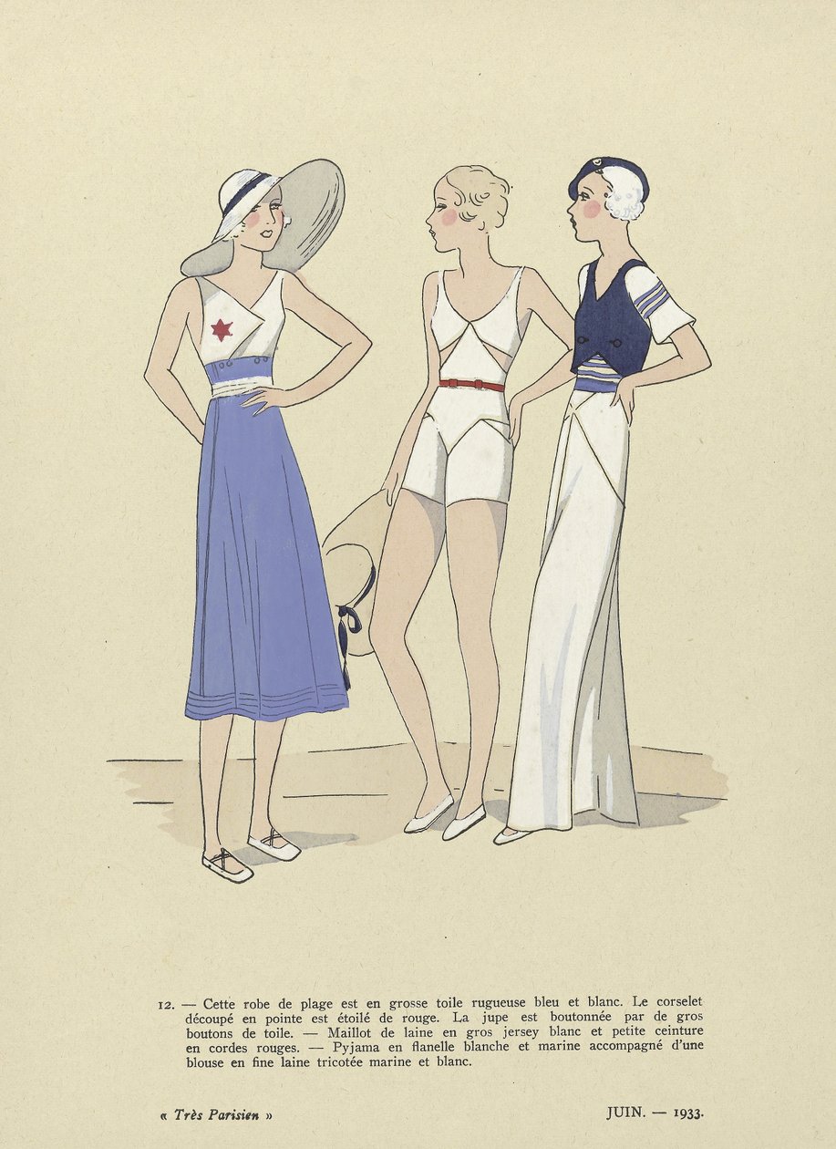 Strandtøj fra Tres Parisien, juni 1933 (pochoir-print) af French School