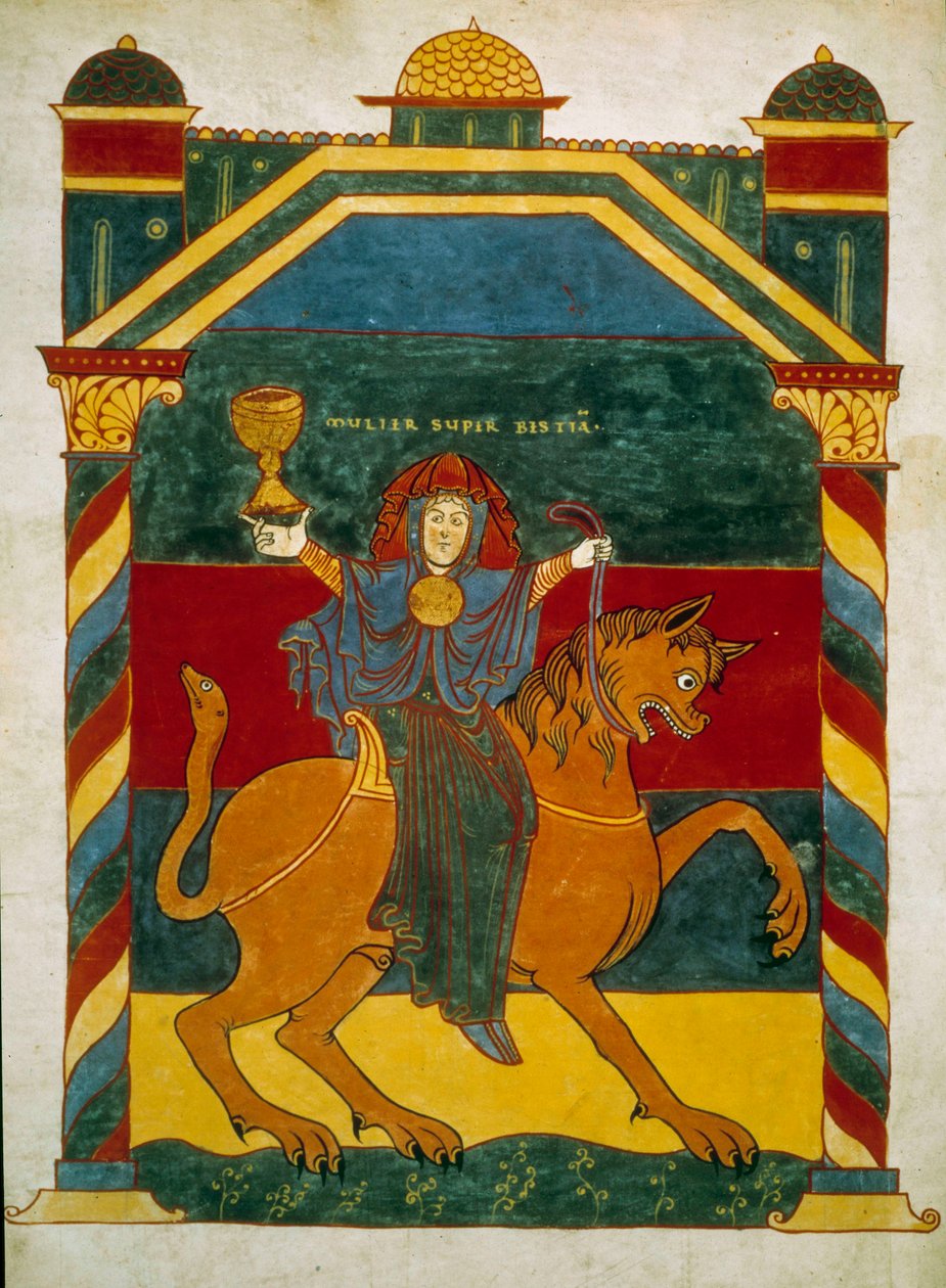 Udyr og kvinde, der sidder på hende, rig prostitueret. Miniature taget fra kommentarerne til "Apokalypsen ifølge Johannes" skrevet i 775 af munken Beatus af Liebana af French School